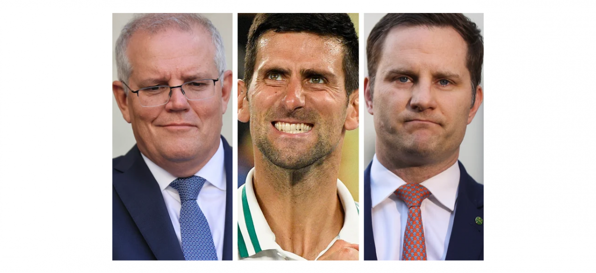 Thủ tướng Australia Scott Morrison (trái), tay vợt Novak Djokovic (giữa) và Bộ trưởng Nhập cư Australia Alex Hawke. (Ảnh: AP). 