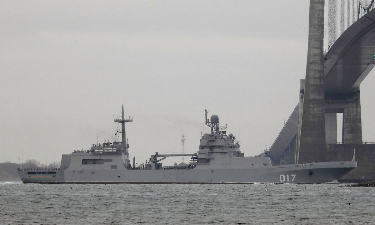 Tàu đổ bộ Pyotr Morgunov di chuyển dưới cầu Great Belt hôm nay. Ảnh: Facebook/Under Broen.