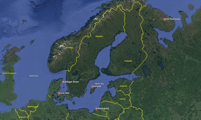 Vị trí eo biển Kattegat giáp Đan Mạch và Thụy Điển. Đồ họa: Google Earth.