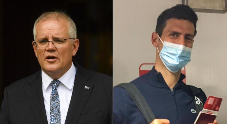 Thủ tướng Australia Scott Morrison (trái) và tay vợt hàng đầu thế giới Novak Djokovic. Ảnh: Straitstimes