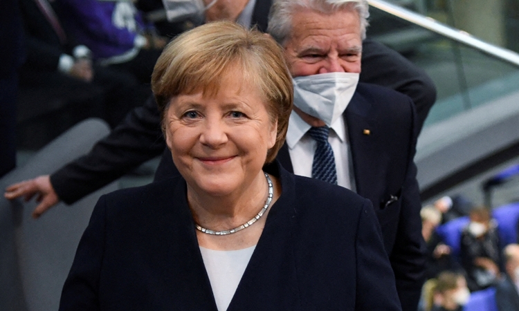 Angela Merkel tại cuộc họp ở Berlin, Đức, hồi tháng 12/2021. Ảnh: Reuters.