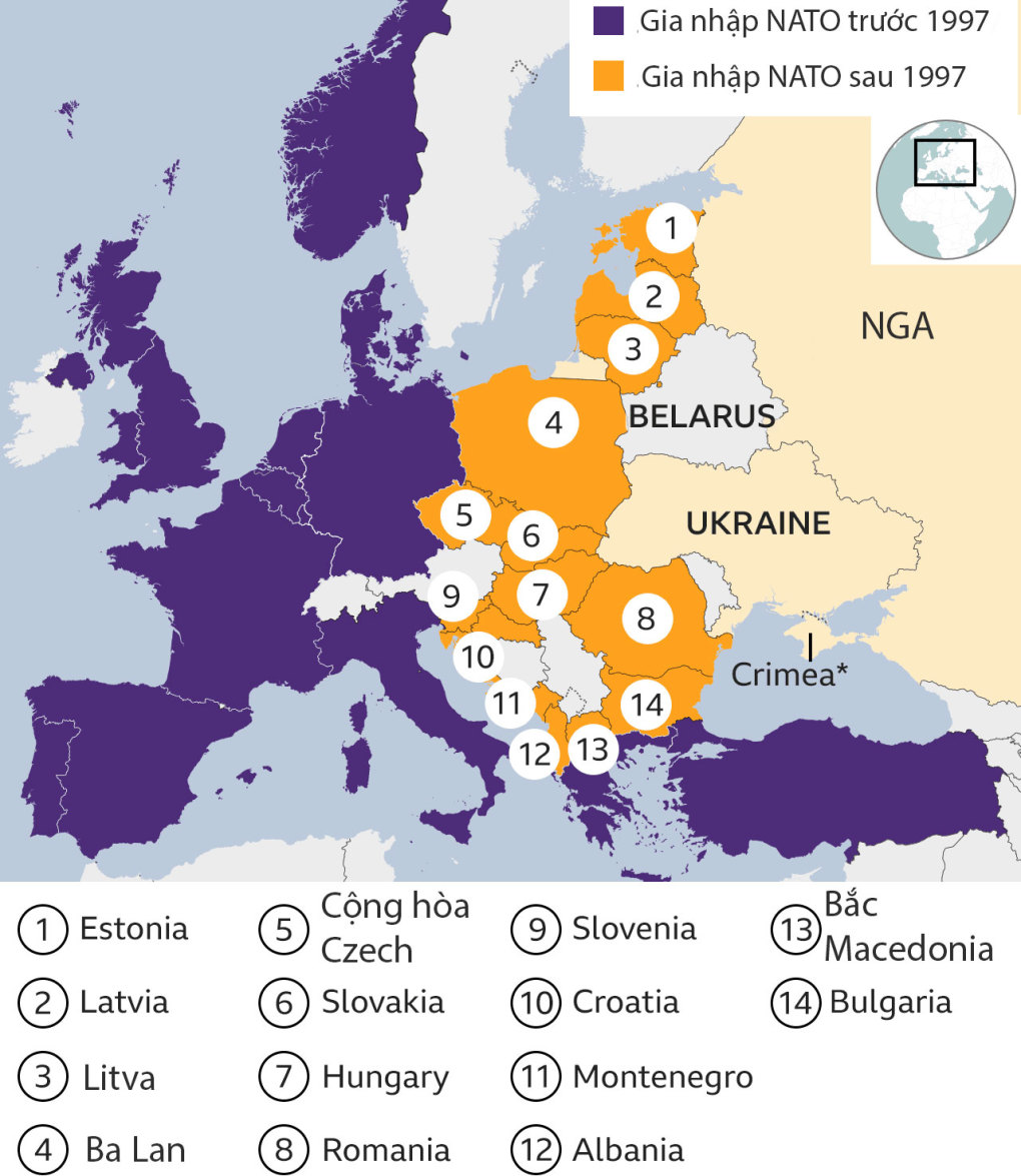 Các thành viên NATO trước và sau năm 1997. Đồ họa: BBC.
