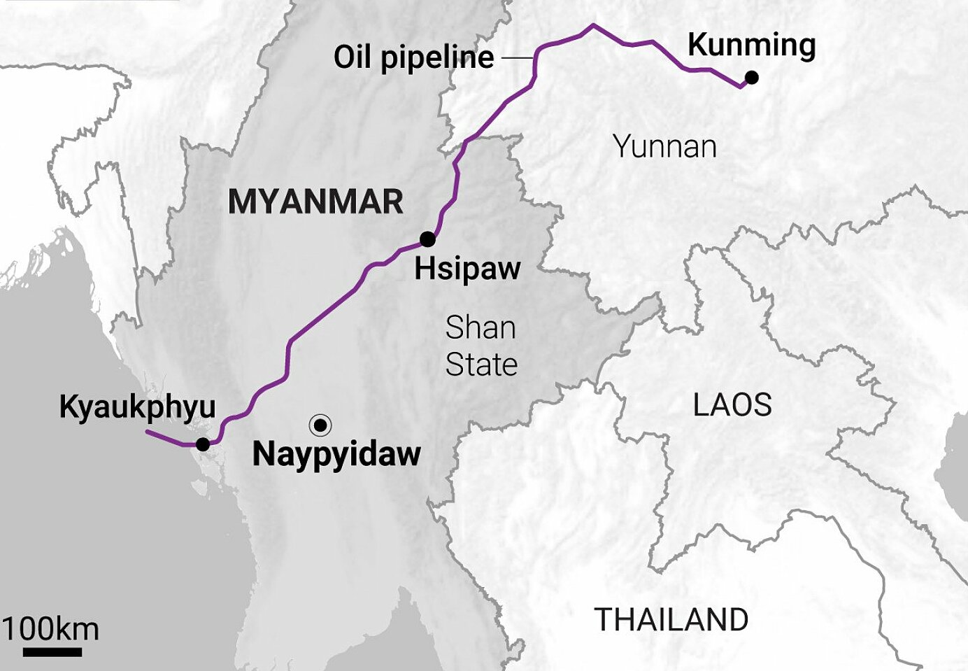 Hệ thống đường ống dẫn dầu và khí đốt dài gần 800 km đi qua Myanmar vào Trung Quốc. Đồ hoạ: SCMP.