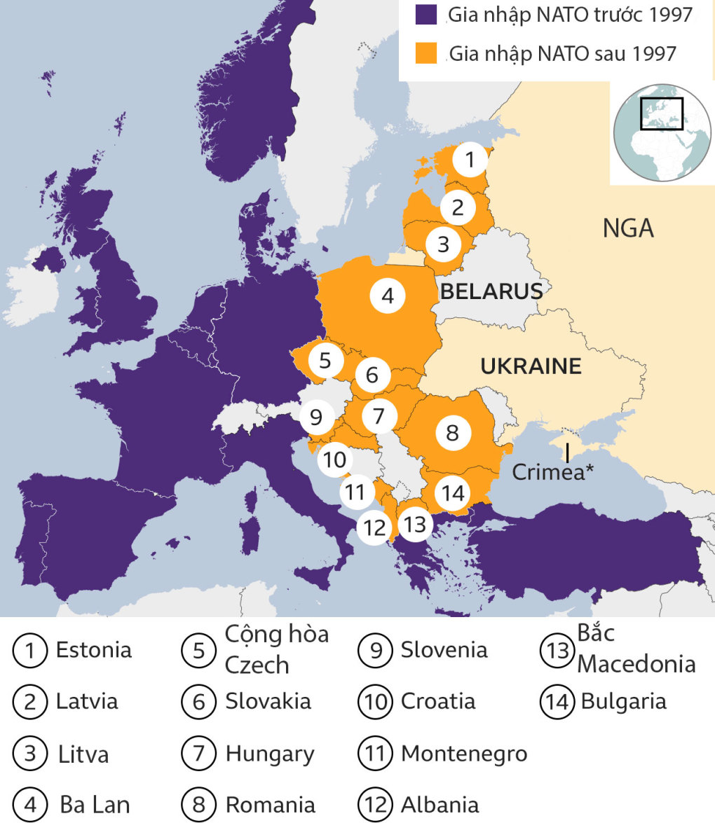 Các thành viên NATO ở phía đông được kết nạp sau năm 1997. Đồ họa: BBC.