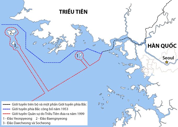 Vị trí đảo Baengnyeong (đánh số 2) nằm gần bờ biển Triều Tiên. Đồ họa: Wikimedia