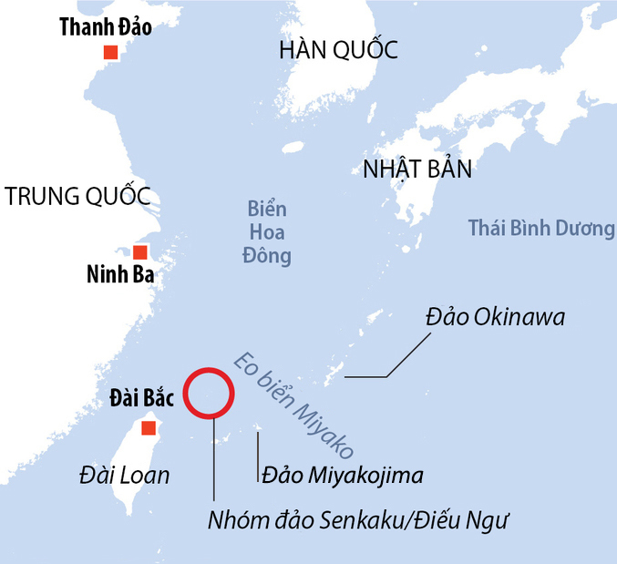 Vị trí eo biển Miyako và nhóm đảo Senkaku/Điếu Ngư. Đồ họa: AFP.