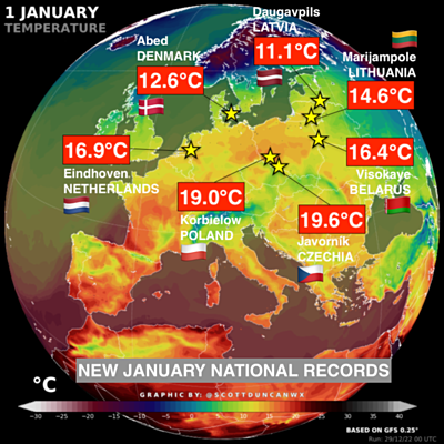 Những nơi ghi nhận nhiệt độ ngày kỷ lục trong tháng một ở châu Âu. Đồ họa: Twitter/@ScottDuncanWX.