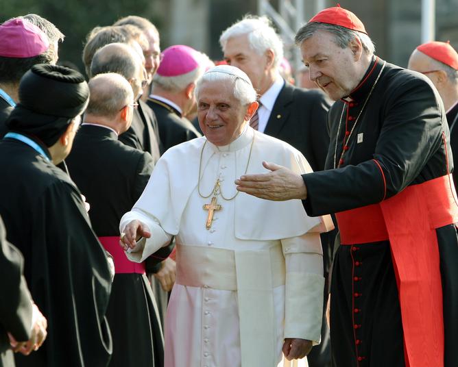 Pope Benedict XVI is introduced to guests by Cardinal George Pell (right) during World Youth Day in Sydney.