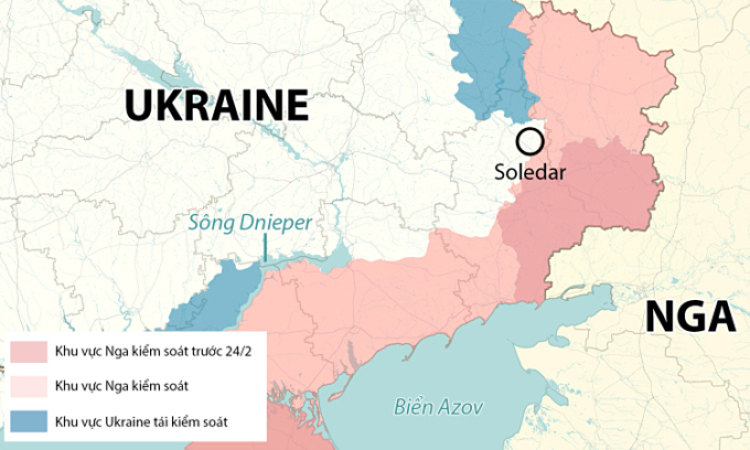 Vị trí thành phố Soledar. Đồ họa: RYV.