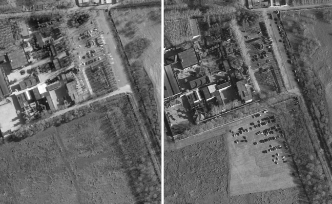 Nhà tang lễ Thông Châu ở Bắc Kinh vào ngày 6/12/2022 (trái) và vào ngày 24/12/2022 (phải), với một bãi đậu xe mới được xây ở góc dưới bên phải. Ảnh: Maxar.