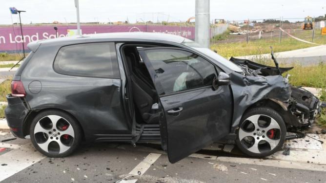 A written-off Volkswagen Golf after the fatal collision that killed Mr Baho in Melbourne’s outer suburbs more than three years ago. Supplied