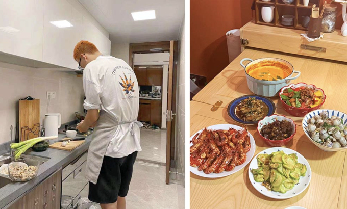 Hu Junzhen chuẩn bị nguyên liệu cho nhà bếp của khách hàng (ảnh trái) và bữa ăn người đầu bếp nấu cho khách hàng của mình (bên phải). Ảnh: Hu Junzhen