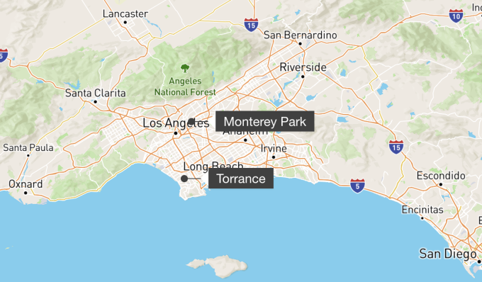 Vị trí thành phố Monterey Park, nơi xảy ra vụ xả súng vào đêm 21/1, và nơi cảnh sát phát hiện phương tiện được cho là của hung thủ vào sáng 22/1. Đồ họa: OpenStreetMap.