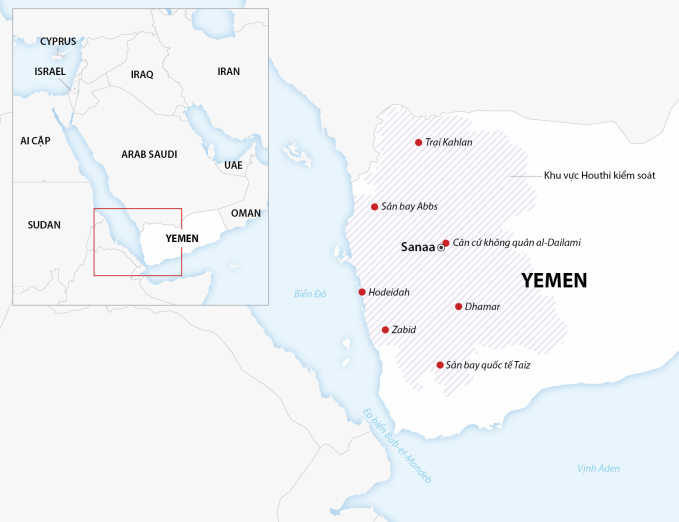 Các khu vực tại Yemen bị Mỹ, Anh tập kích ngày 11/1 (chấm đỏ). Đồ họa: CNN, AFP