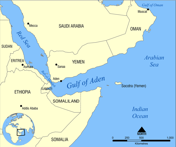 Vị trí Vịnh Aden và thành phố cùng tên của Yemen. Đồ họa: Wikipedia