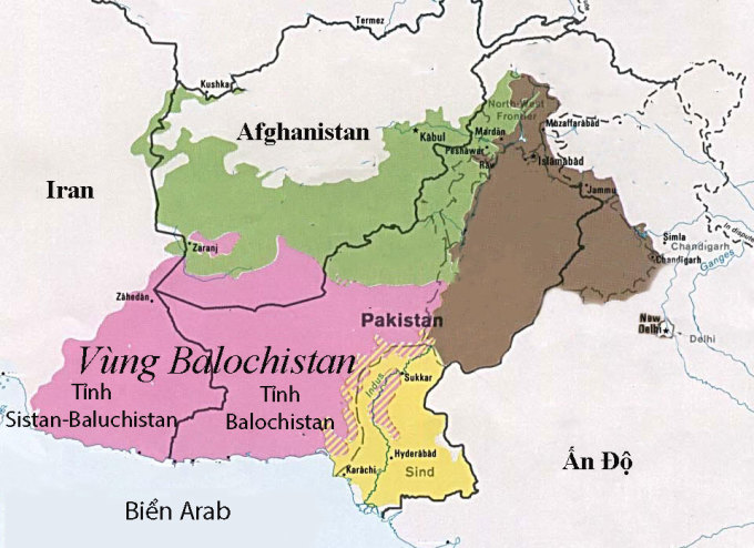 Vùng Balochistan (màu hồng) nằm giữa biên giới ba nước Iran, Pakistan và Afghanistan. Đồ họa: CIA