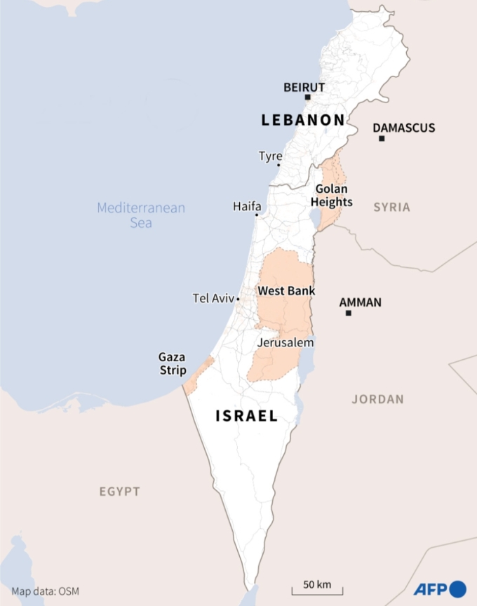 Vị trí Israel và Lebanon. Đồ họa: AFP