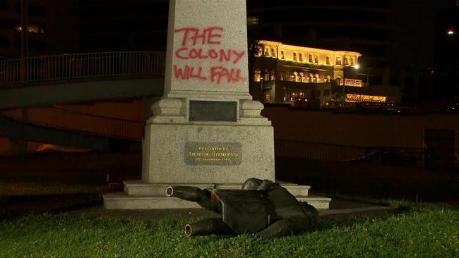 A Captain Cook statue in Melbourne has been sawn off at the ankles and the memorial vandalised.