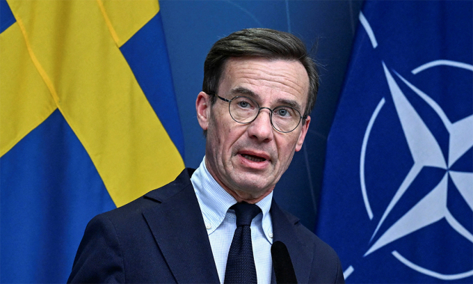 Thủ tướng Thụy Điển Ulf Kristersson trong cuộc họp báo ở Stockholm tháng 3/2023. Ảnh: Reuters