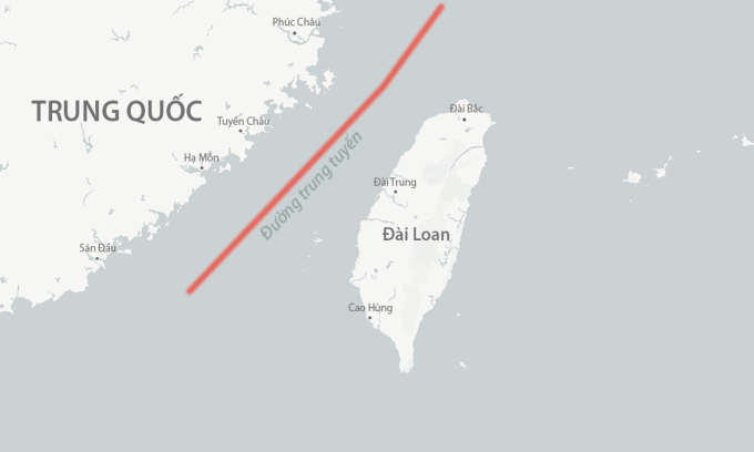 Vị trí đảo Đài Loan và đường trung tuyến chia đôi eo biển cùng tên. Đồ họa: CSIS