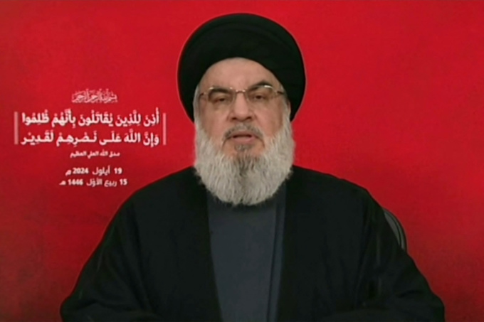 Thủ lĩnh Hezbollah Hassan Nasrallah phát biểu trên truyền hình Lebanon từ một địa điểm không xác định ngày 19/9. Ảnh: AFP