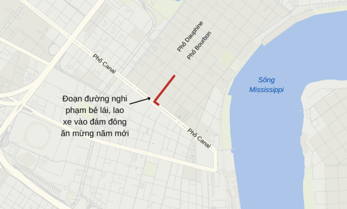 Vị trí xảy ra thảm kịch lao xe đầu năm mới ở New Orleans, Mỹ. Theo: OpenStreetMap