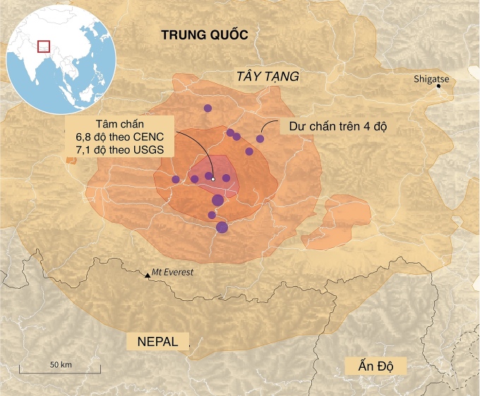 Vị trí tâm chấn trận động đất mạnh hơn 6,8 độ ở Tây Tạng vào ngày 7/1. Đồ họa: AFP