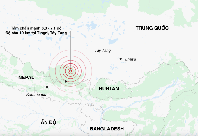 Vị trí tâm chấn trận động đất tại Tây Tạng vào ngày 7/1. Đồ họa: Telegrapj