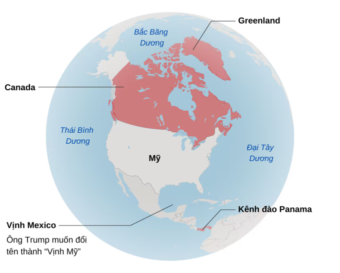 Vị trí Canada và một số khu vực ông Trump muốn kiểm soát, đổi tên. Theo CBC