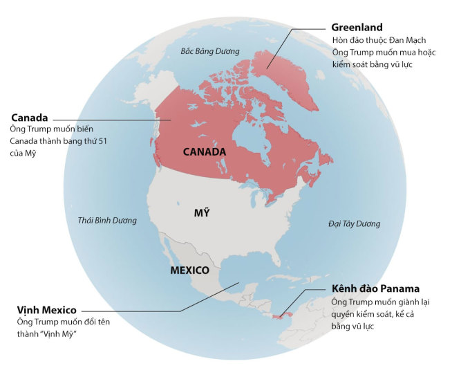 Vị trí Greenland và những vùng lãnh thổ khác ông Trump muốn sáp nhập hoặc kiểm soát. Đồ họa: CBC