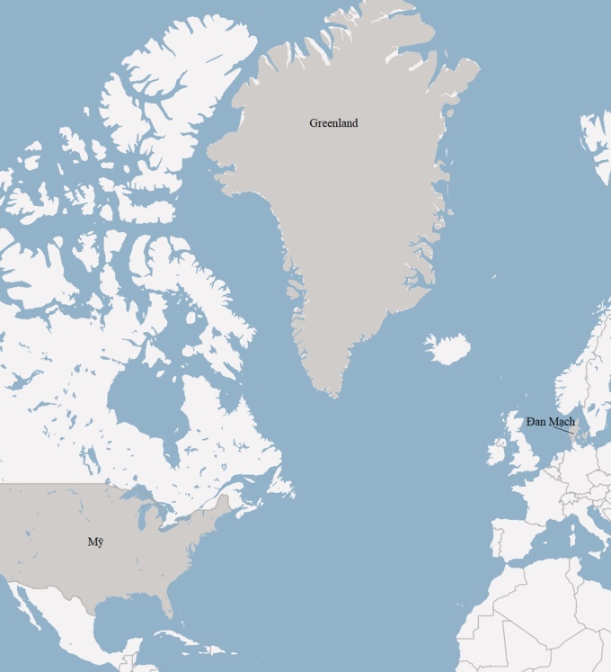 Vị trí của Greenland so với Mỹ và Đan Mạch. Đồ họa: DW