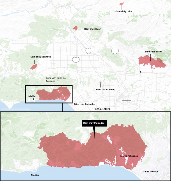 Các đám cháy ở Los Angeles, bang California. Đồ họa: WSJ