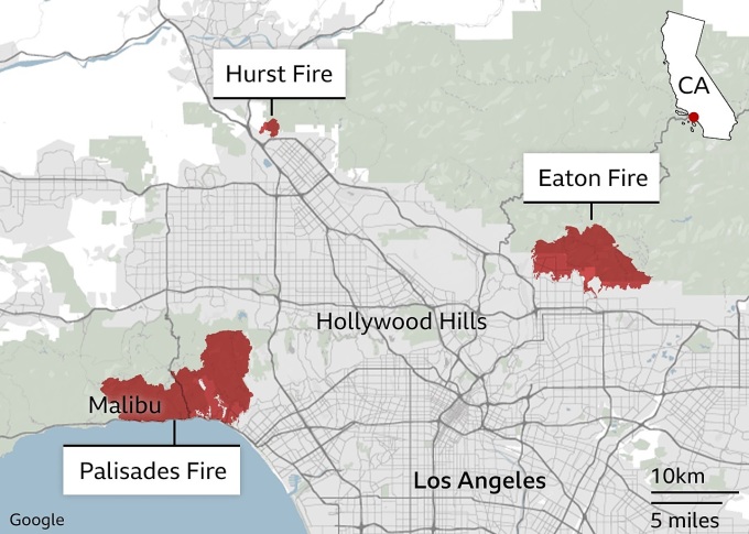 Vị trí các đám cháy ở bang California, Mỹ tính đến đêm 12/1. Theo BBC