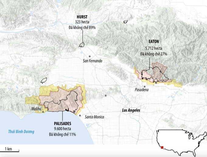 Những khu vực sơ tán ở ngoại ô Los Angeles vì ba vụ cháy rừng lớn tuần qua. Đồ họa: Guardian