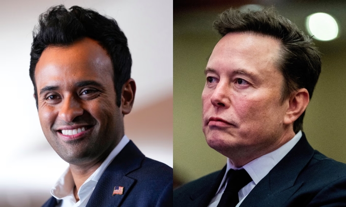 Ông Vivek Ramaswamy (trái) và tỷ phú Elon Musk. Ảnh: AP, Reuters