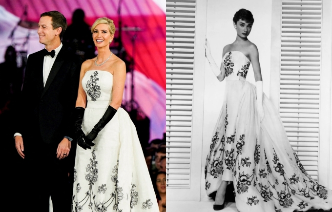 Ivanka Trump diện đầm tái hiện thiết kế của Audrey Hepburn trong Sabrina. Ảnh: Reuters, Everett Collection