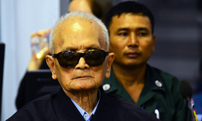 Nuon Chea, cánh tay phải của Pol Pot, tại tòa án do Liên Hợp Quốc bảo trợ năm 2016. Ảnh: AFP