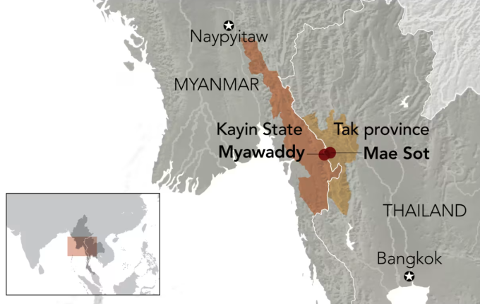 ị trí thị trấn Myawaddy, bang Kayin, Myanmar, và quận Mae Sot, tỉnh Tak, Thái Lan. Theo Nikkei