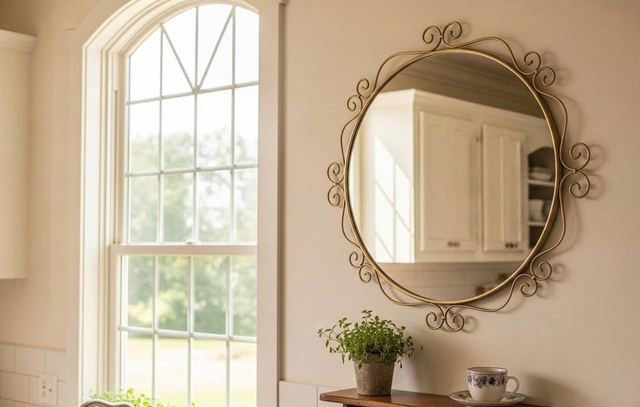 Đặt gương gần cửa ra vào giúp phản chiếu ánh sáng và dòng khí lưu thông, tạo cảm giác rộng rãi và thông thoáng cho khu vực đón khách.