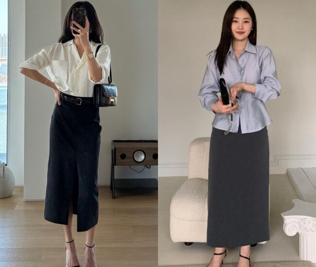 Áo sơ mi kết hợp cùng chân váy đen tạo nên set đồ công sở kinh điển, gọn gàng và chuyên nghiệp. Chỉ cần chọn sơ mi chất liệu mềm, phom vừa vặn và sơ vin khéo léo, tổng thể sẽ bớt cứng nhắc, trở nên thanh lịch và dễ ghi điểm hơn.