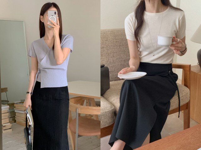 Áo len cộc tay mang đến cảm giác trẻ trung, hiện đại khi phối cùng chân váy đen. Kiểu áo này giúp phần thân trên gọn gàng, cân đối hơn, đồng thời giữ được sự lịch sự cần thiết, rất phù hợp với môi trường công sở có điều hòa.