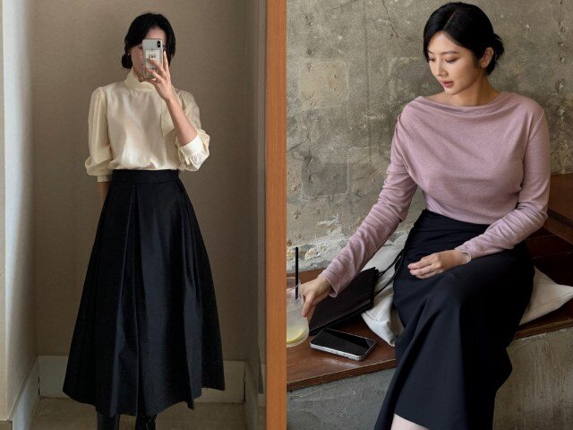 Áo tay dài là lựa chọn an toàn nhưng hiệu quả khi phối cùng chân váy đen. Sự kết hợp này mang lại cảm giác chỉn chu, gọn gàng, phù hợp với những ngày cần hình ảnh nghiêm túc, chuyên nghiệp mà không cần quá nhiều chi tiết cầu kỳ.