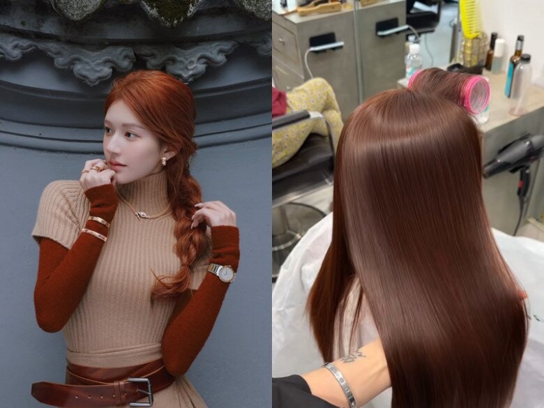 Chị em có thể tùy theo chất và sắc độ của tóc để lựa chọn màu nhuộm thiên về nâu hay cam hơn.