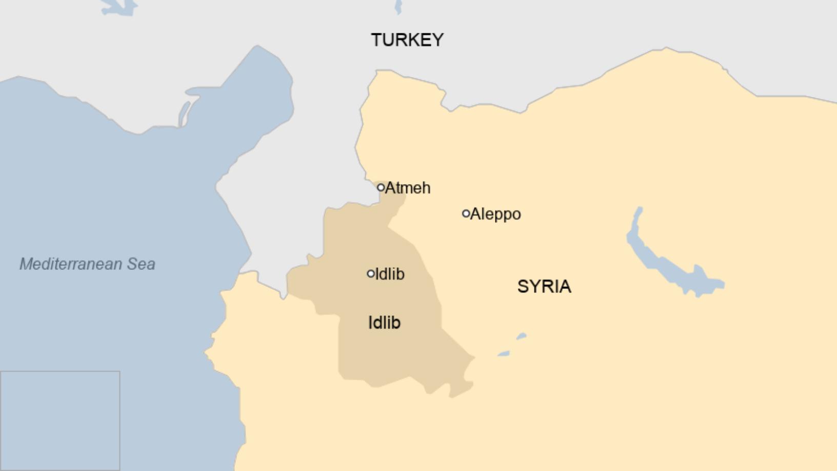 Vị trí thị trấn Atmeh tại Syria, nơi diễn ra cuộc đột kích thủ lĩnh IS al-Quraishi hôm nay. Đồ họa: BBC.