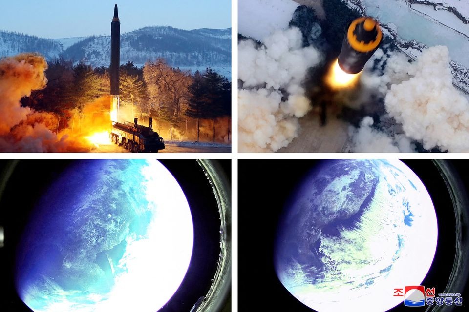 Hình ảnh kết hợp cho thấy vụ thử tên lửa đạn đạo tầm xa Hwasong-12 của Triều Tiên, cùng các hình ảnh được chụp tử ngoài không gian bằng camera gắn trên đầu đạn của tên lửa hôm 30/1. Ảnh:KCNA.