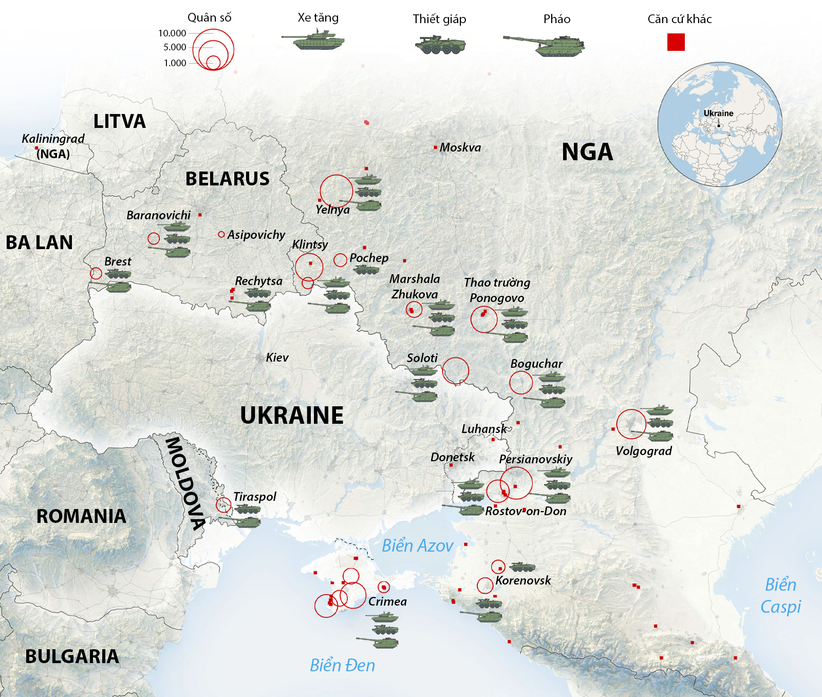 Ba hướng binh lực Nga quanh Ukraine trước ngày 15/2. Bấm để xem chi tiết.