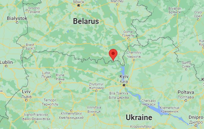 Vị trí cầu phao (chấm đỏ) trên sông Pripyat của Belarus, cách biên giới Ukraine khoảng 6 km. Ảnh: Google Maps.