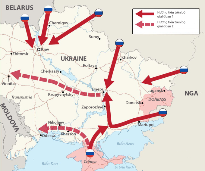 Bản đồ hướng tiến công Ukraine tiềm tàng của Nga. Đồ họa: BQP Anh.