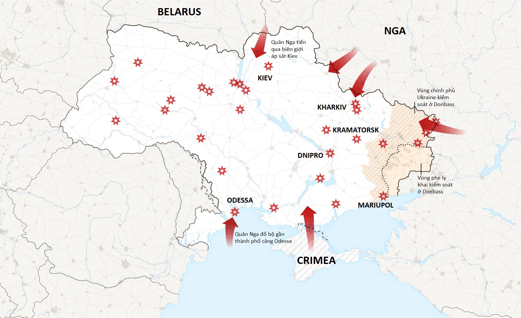 Các mũi tiến công và mục tiêu không kích của Nga vào lãnh thổ Ukraine. Đồ họa: NY Times.