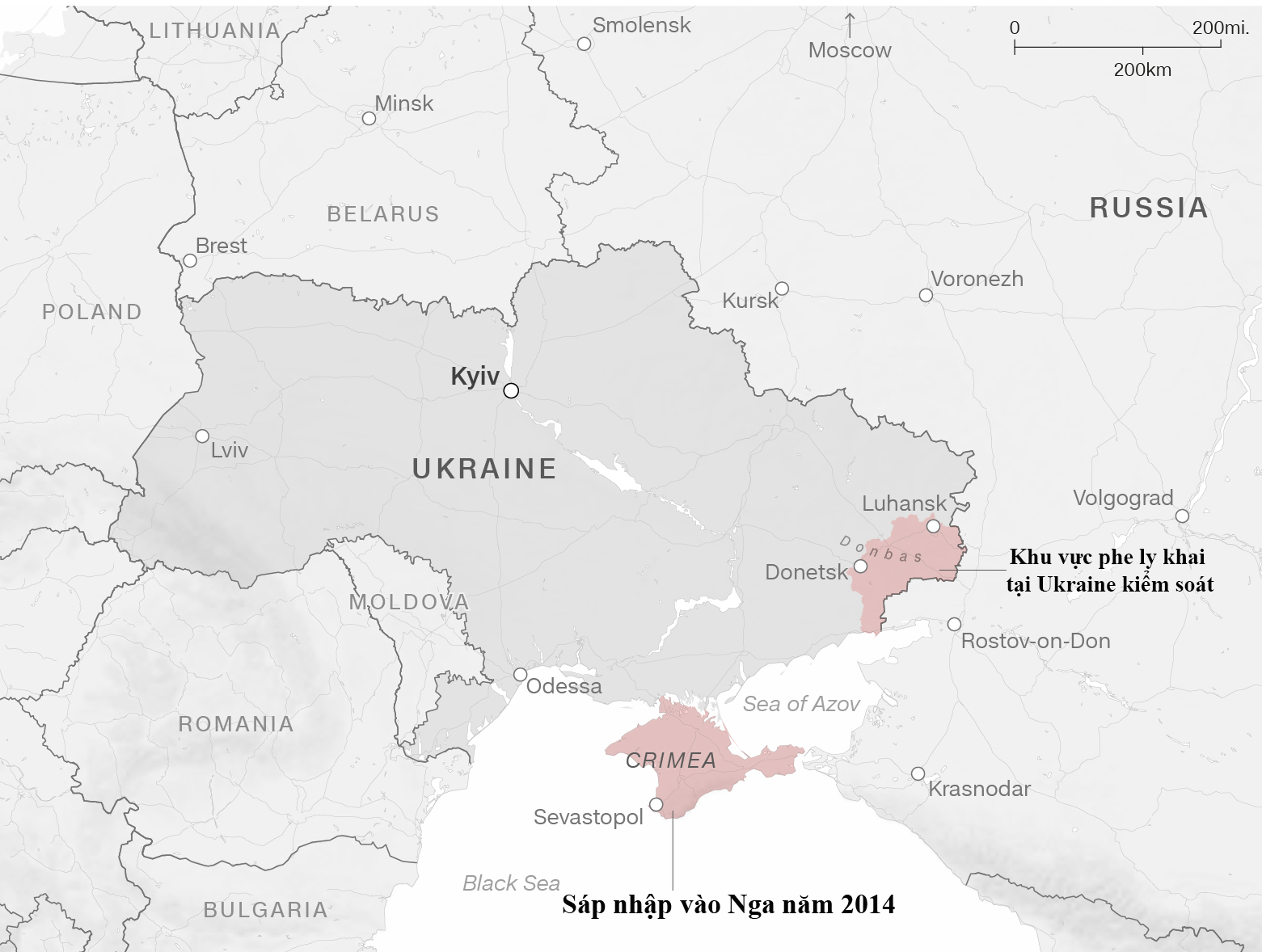 Vị trí bán đảo Crimea và khu vực do phe ly khai Ukraine kiểm soát. Đồ họa: CNN.